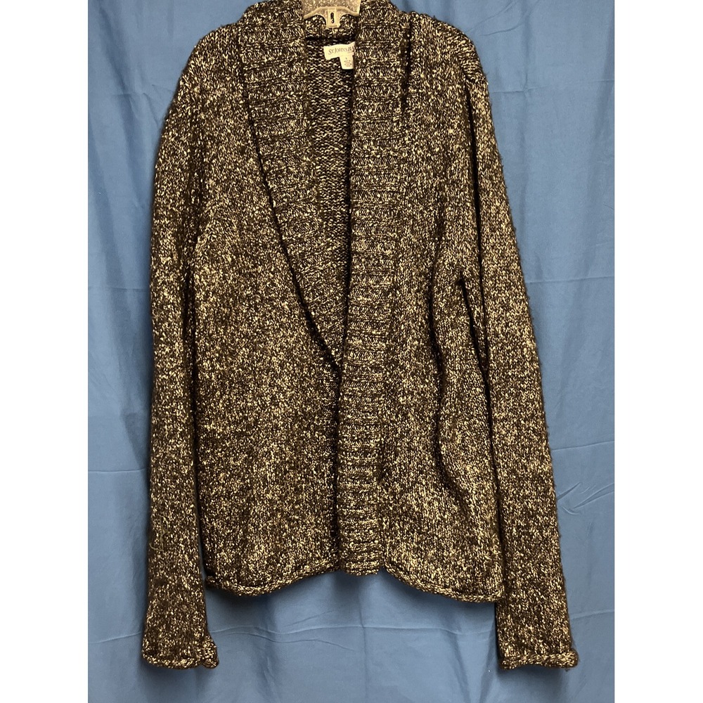 St John's Bay Women's Open Front Cardigan Cotton Blend Size L Black &white Tweed